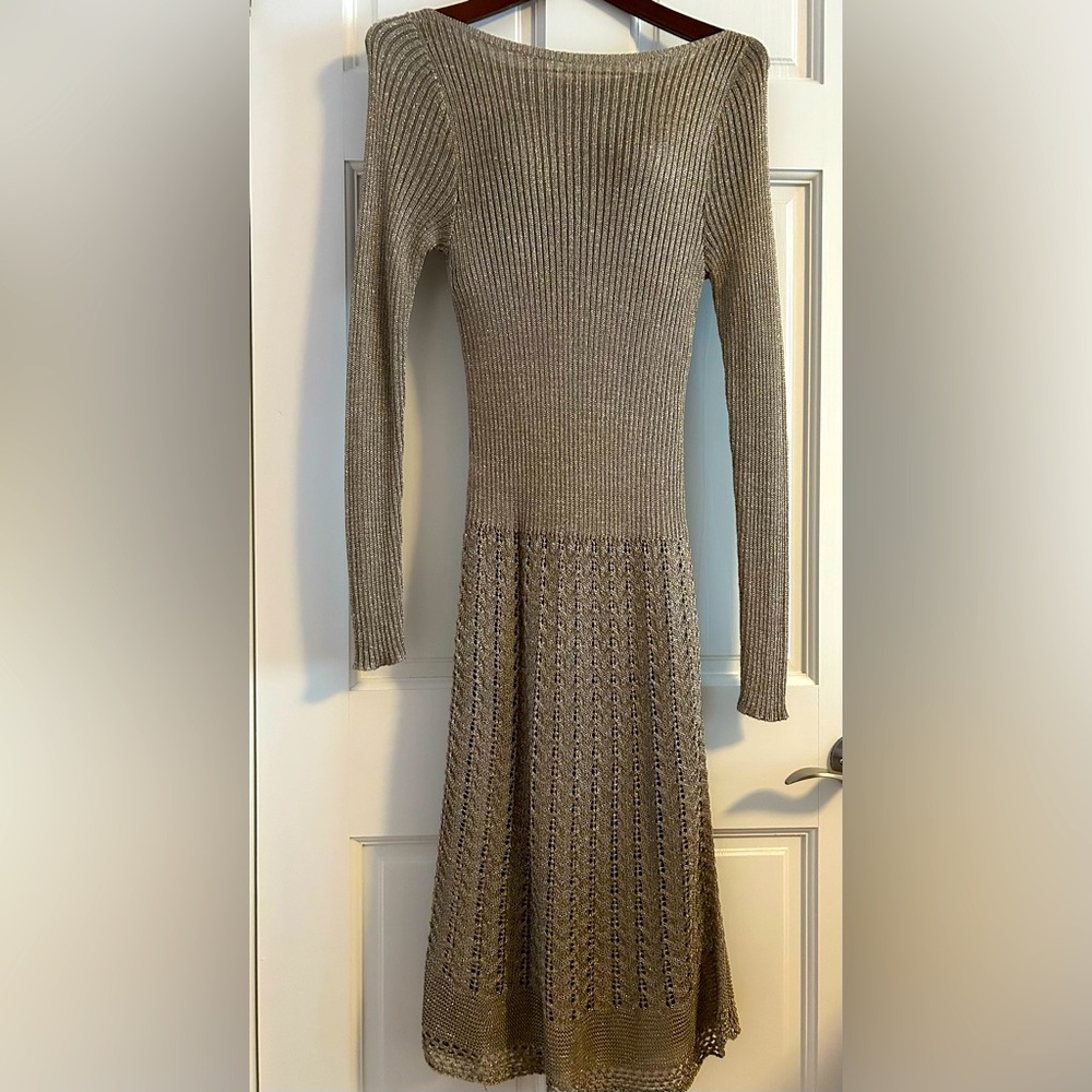 Elegant silver shimmer evening dress.